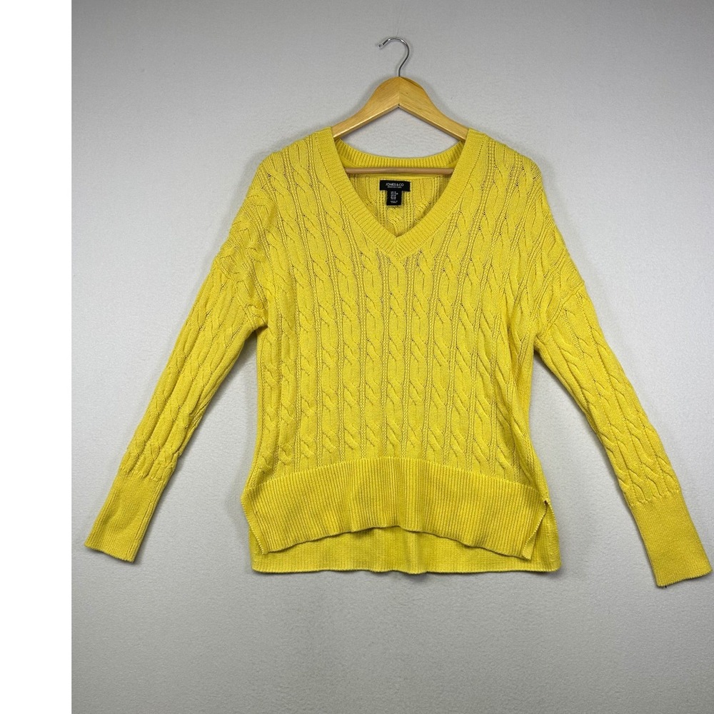 Preppy Jones & Co Jones New York Womens Medium Yellow Cable Knit V-Neck Sweater